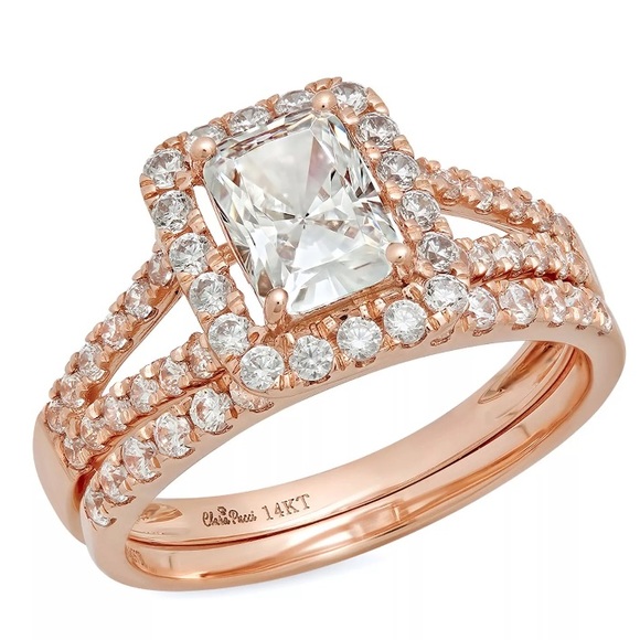 Jewelry - 1.6 Ct Emerald Halo 14K Gold Ring Band Bridal Set